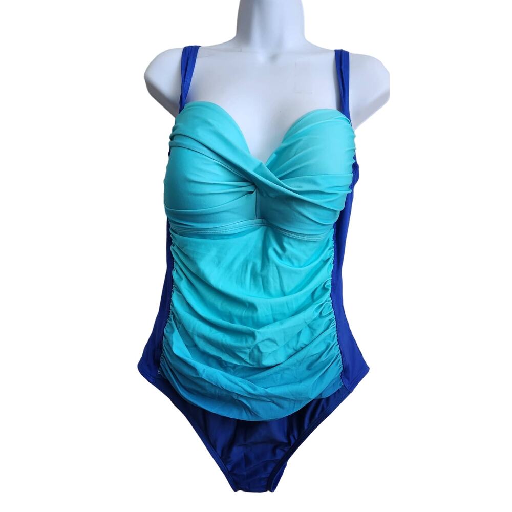 Sonnet Shores Blue Teal Pleated One Piece Swim Suit 18W Plus Slimming Stretch